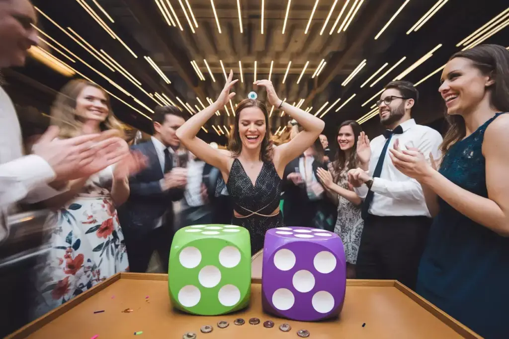A joyful woman celebrates at a casino table with giant dice, surrounded by clapping friends.