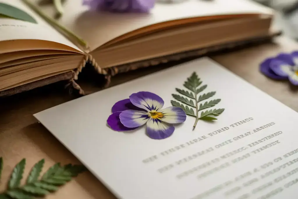 A card with pressed flowers and a fern beside an open book on a wooden table.