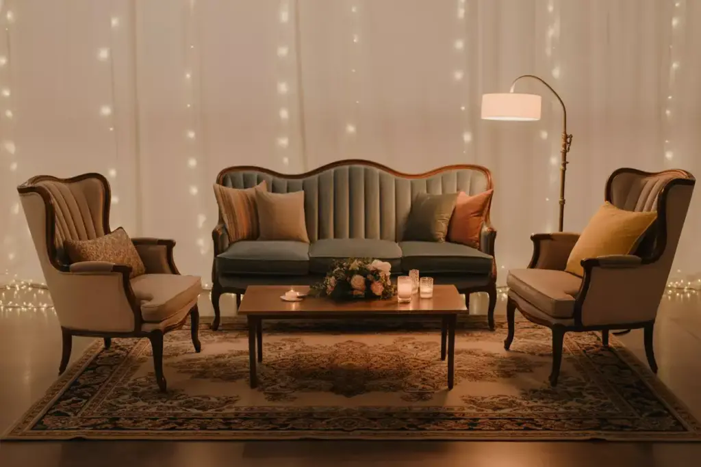 Vintage living room setup with sofa, armchairs, coffee table, and string lights in the background.
