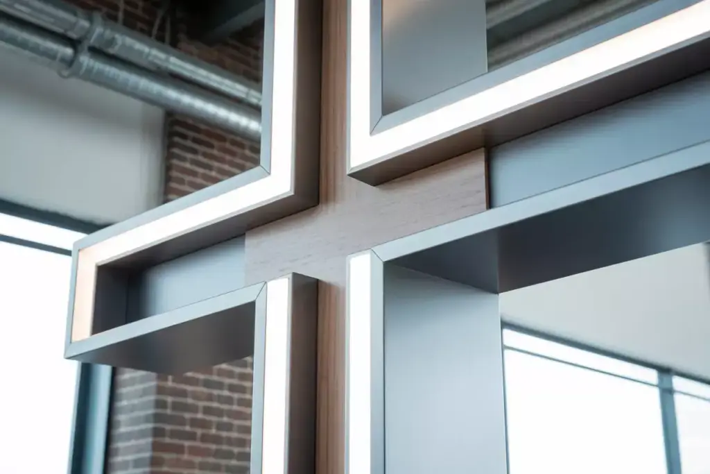 Close-up of a modern, illuminated cross with metal and wood, indoors near a brick wall and large windows.
