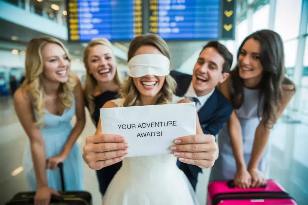 A blindfolded woman in a wedding dress holds a sign reading YOUR ADVENTURE AWAITS! at an airport with friends.
