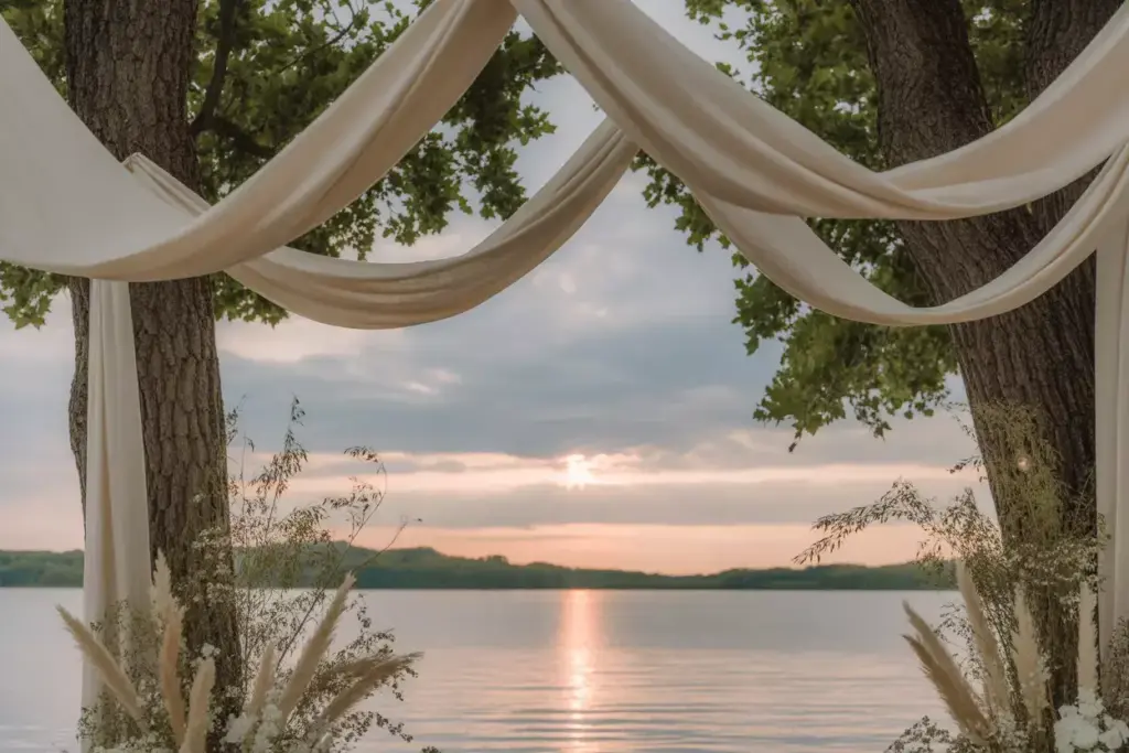 White fabric drapes between trees frame a peaceful lakeside sunset with calm water and greenery.