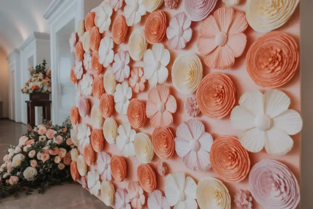 A wall decorated with large, pastel paper flowers in shades of pink, peach, and cream.