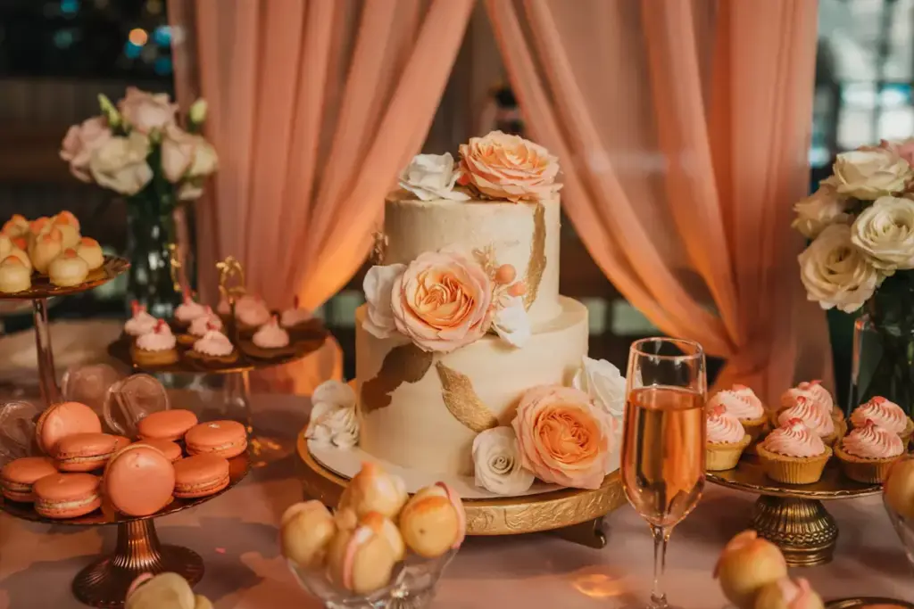 Two-tier cake with pink and white flowers, surrounded by macarons, cupcakes, and a glass of champagne.