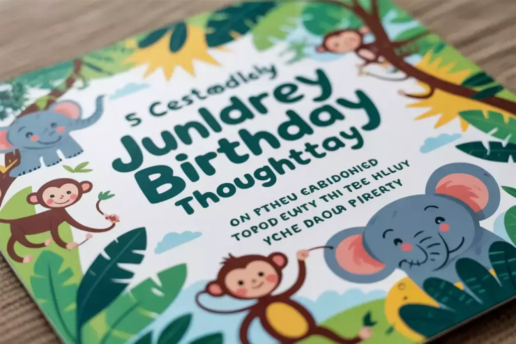 Children’s jungle-themed birthday card with monkeys, elephants, and text in English and Welsh on the cover.