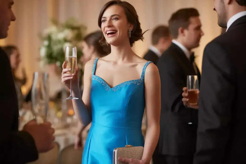 Woman in a blue dress smiling and holding a glass at a formal event with people in the background.