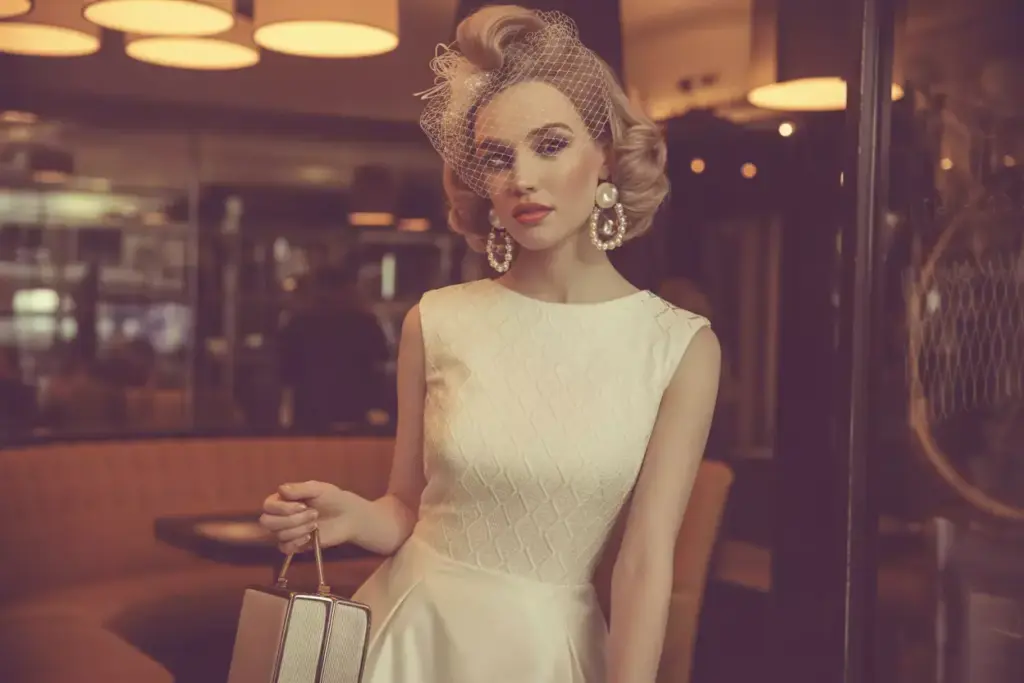 Woman in a vintage white dress and veil stands indoors, holding a purse, with retro-style lighting.