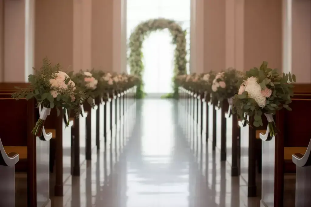 A flower-adorned aisle in a church leads to a floral arch, ready for a wedding ceremony.