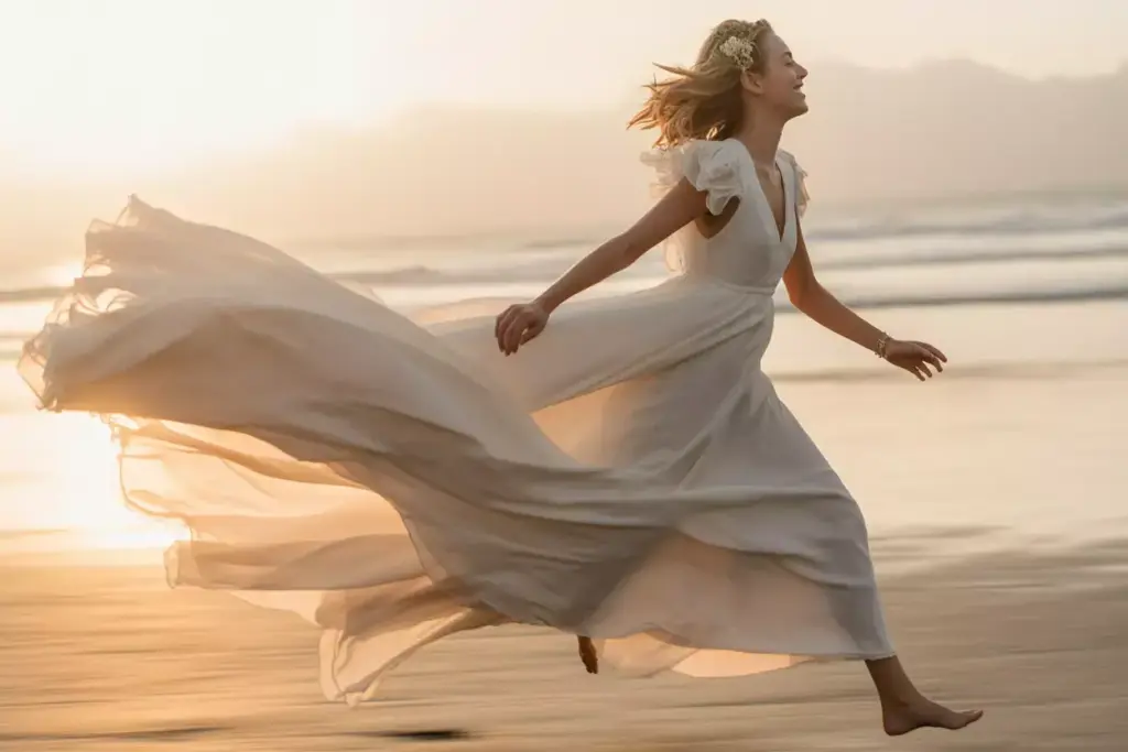 Woman in a flowing white dress runs barefoot along a beach at sunset, her dress billowing behind her.