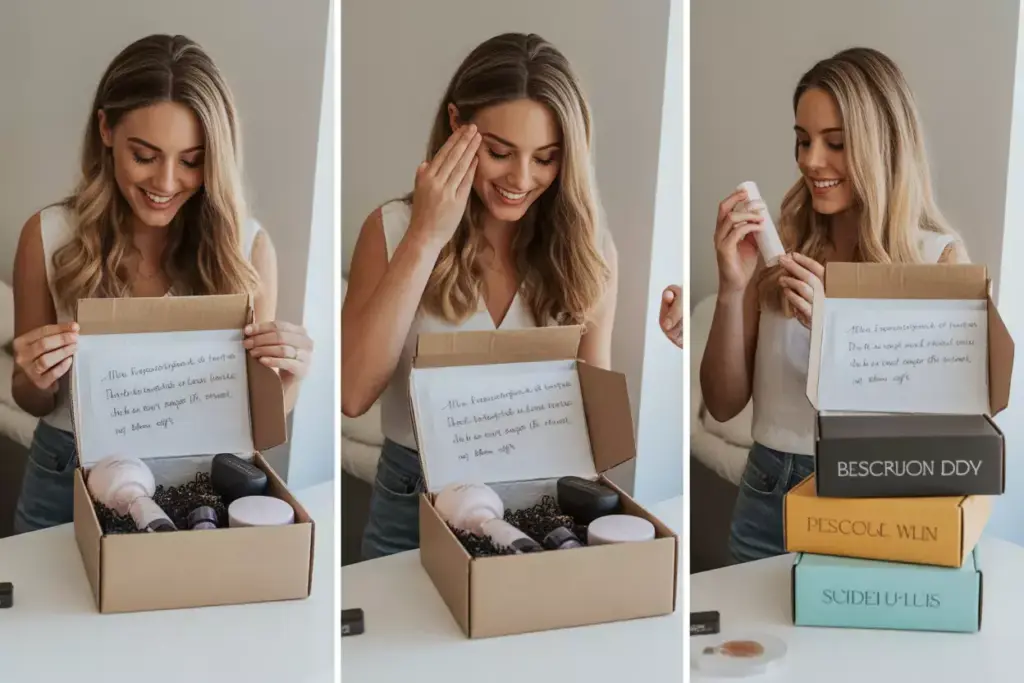 Woman unboxing beauty products and smiling, with stacked boxes in the last panel.