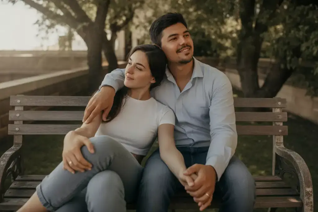 A couple sits on a bench, smiling and holding hands, surrounded by trees in a park.