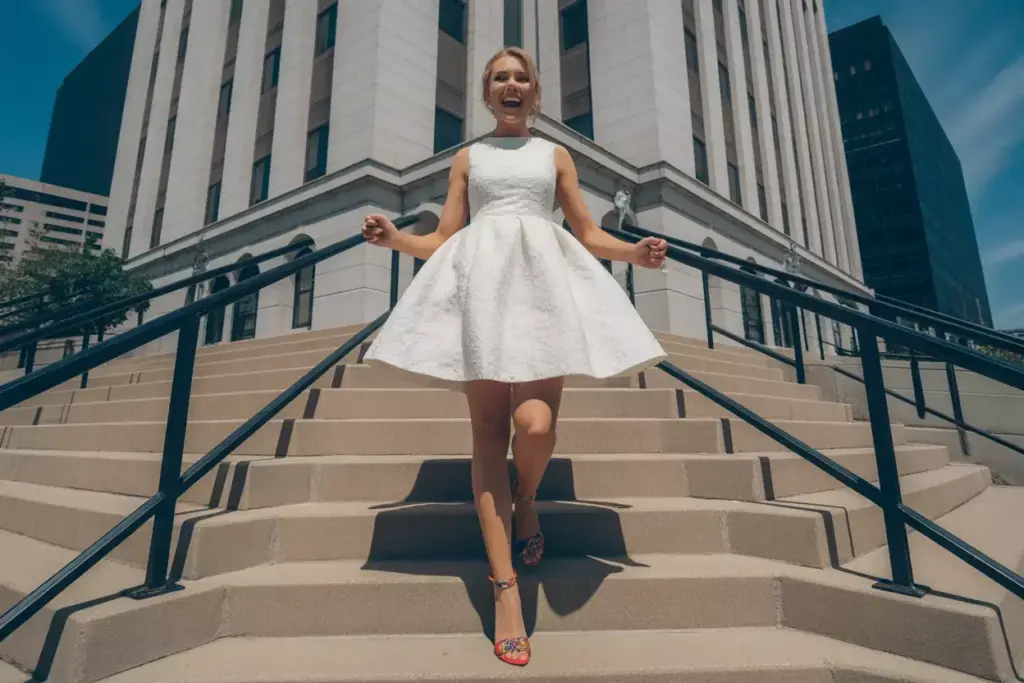 Woman in a white dress smiling while walking down outdoor stairs in front of a tall building.
