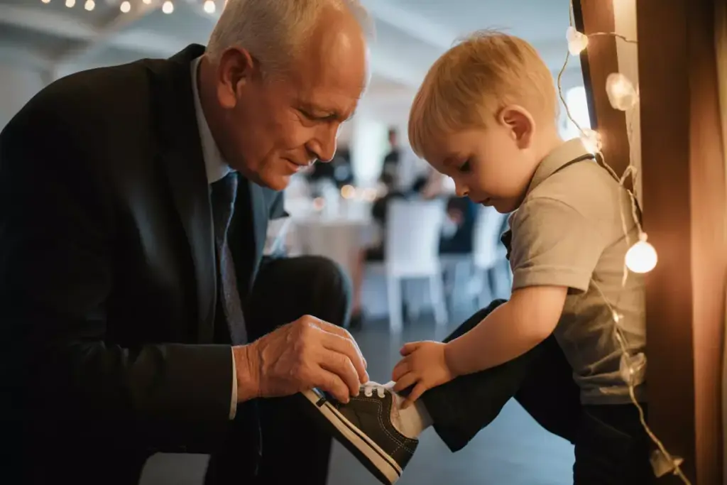 Older man kneeling to tie a young boy’s shoelaces indoors, with warm string lights in the background.