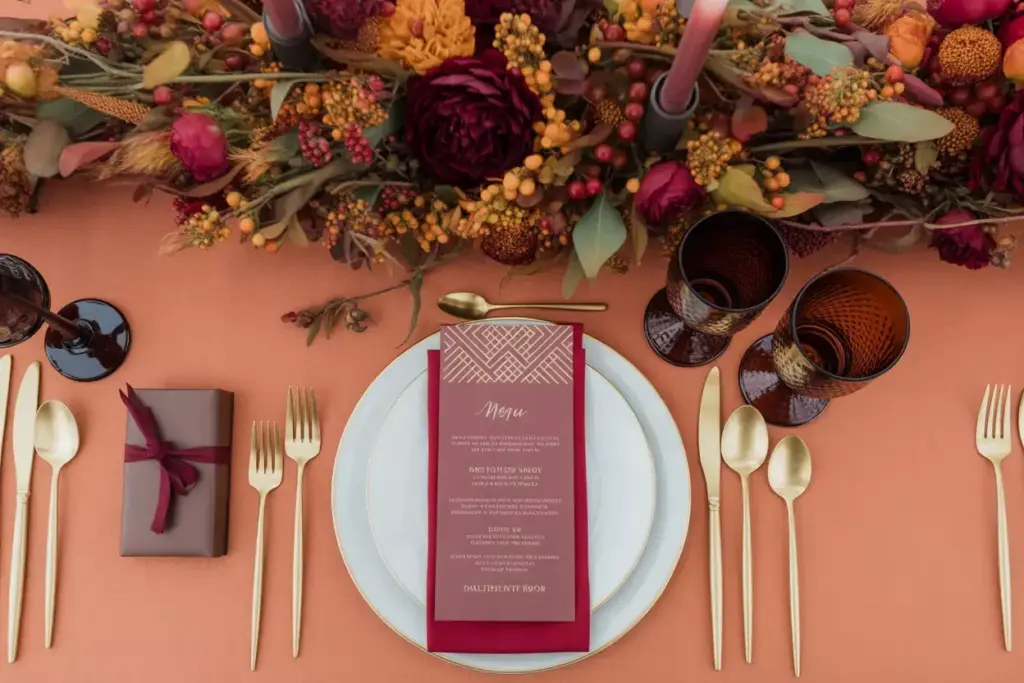 Elegant fall table setting with gold utensils, burgundy menu, and autumn floral centerpiece.