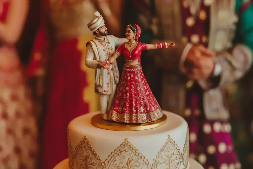 Traditional Indian bride and groom figurines in wedding attire on top of a decorated wedding cake.