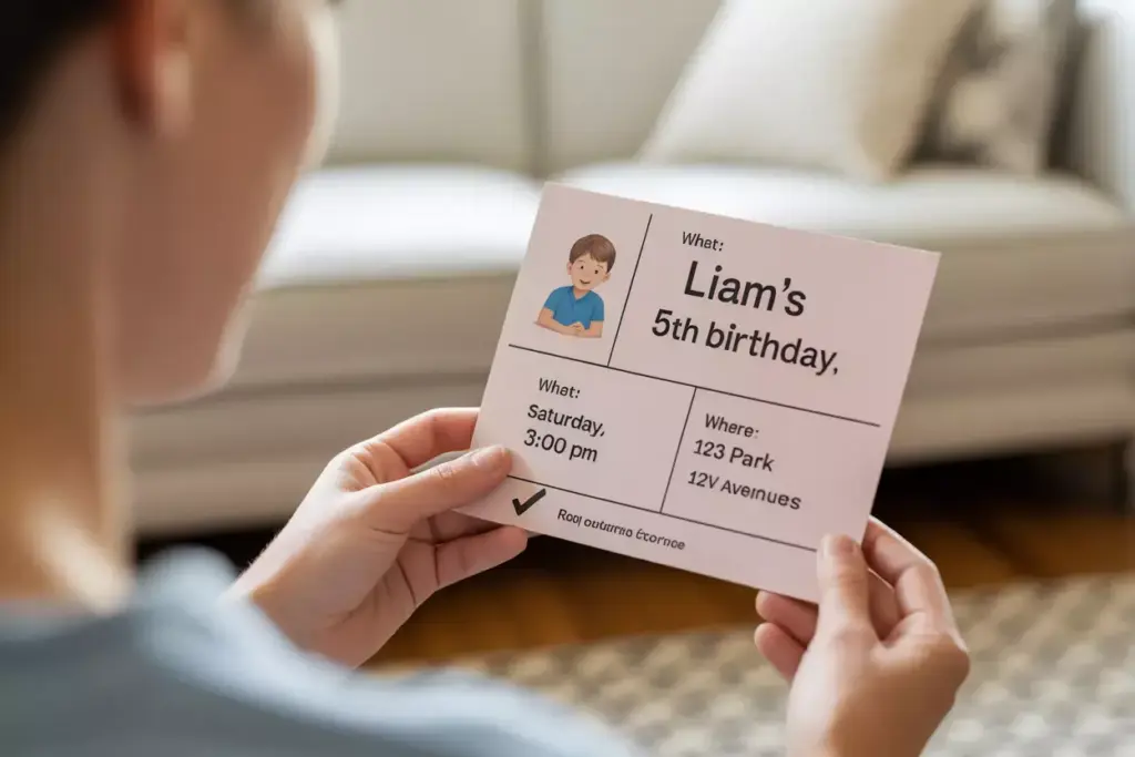 Person holding a birthday invitation for Liams 5th birthday, with event details visible on the card.
