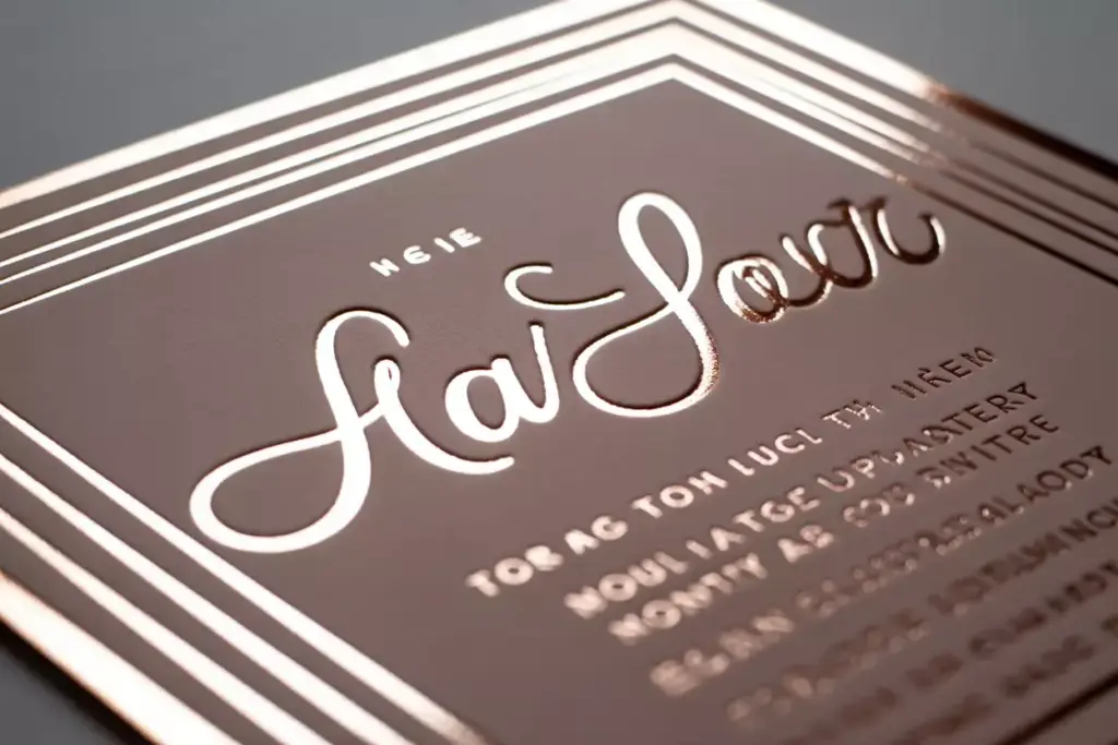 Close-up of a metallic embossed invitation card with elegant, shiny, cursive lettering.