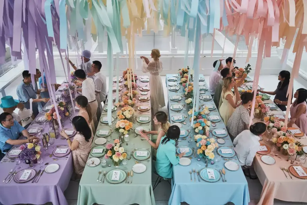 A group of people sitting at a table with plates and flowers.