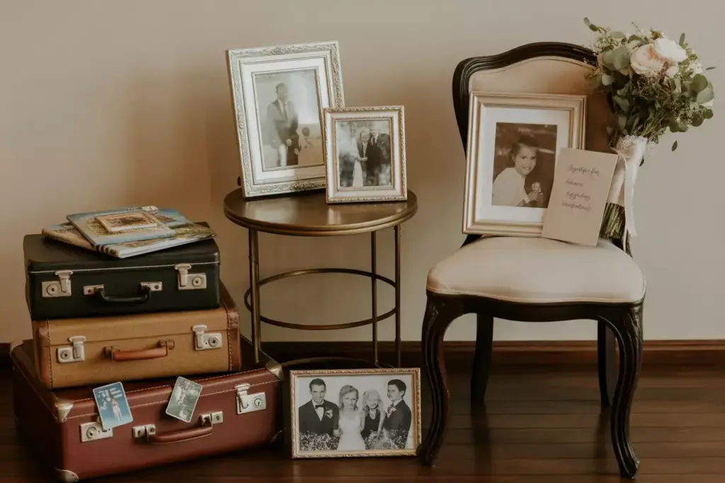 A chair and table with framed photos, stacked suitcases, travel photos, and a bouquet of flowers on display.
