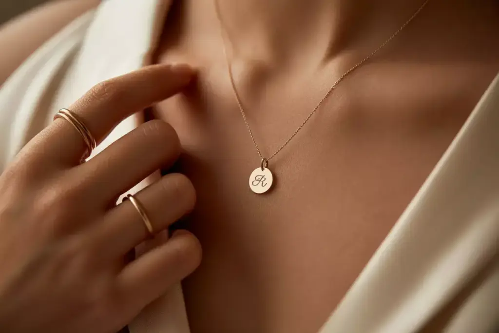 A woman wearing a gold necklace with a round pendant engraved with the letter R and gold rings on her finger.