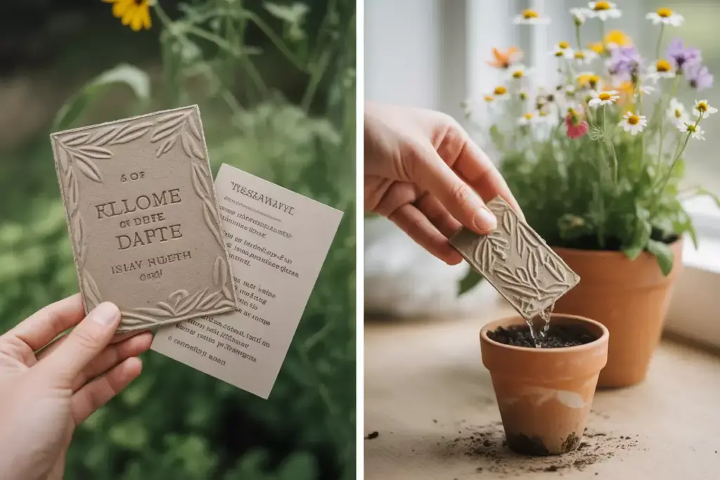 A hand holds a plantable seed paper card; another hand plants it in a small pot by flowers.