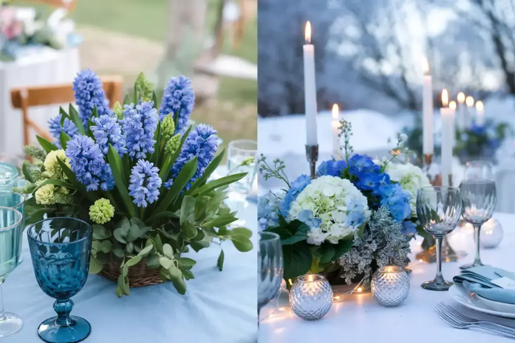 Blue floral centerpieces and glassware on elegant outdoor tables with candles and greenery.
