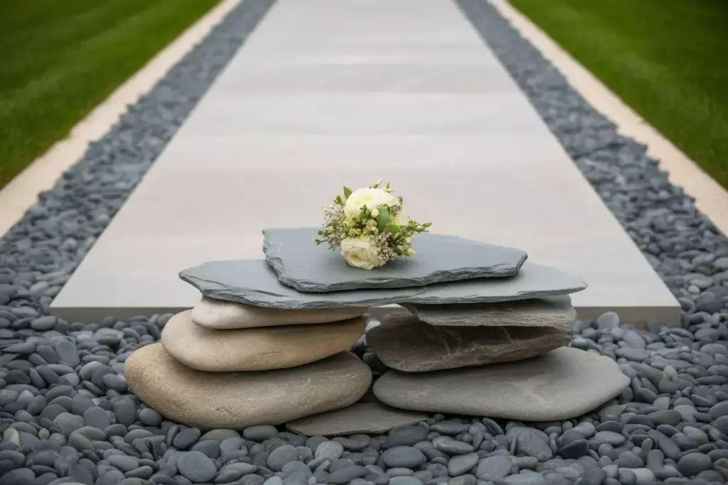 A small bouquet of white flowers rests on stacked stones beside a paved path bordered by grass and pebbles.