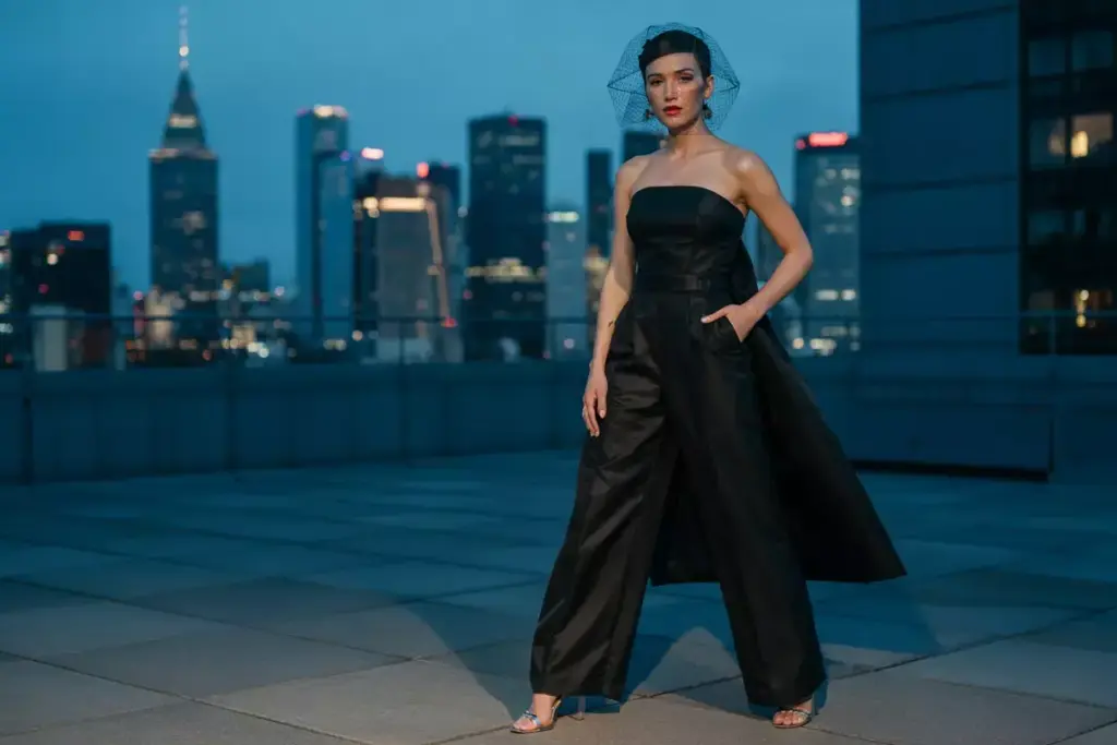 Woman in a black strapless jumpsuit and veil poses on a rooftop at dusk with a city skyline behind her.