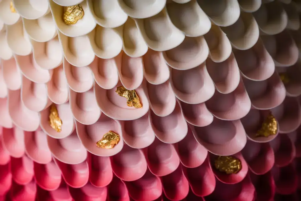 Close-up of textured, overlapping pink and white petals with touches of gold leaf detail.