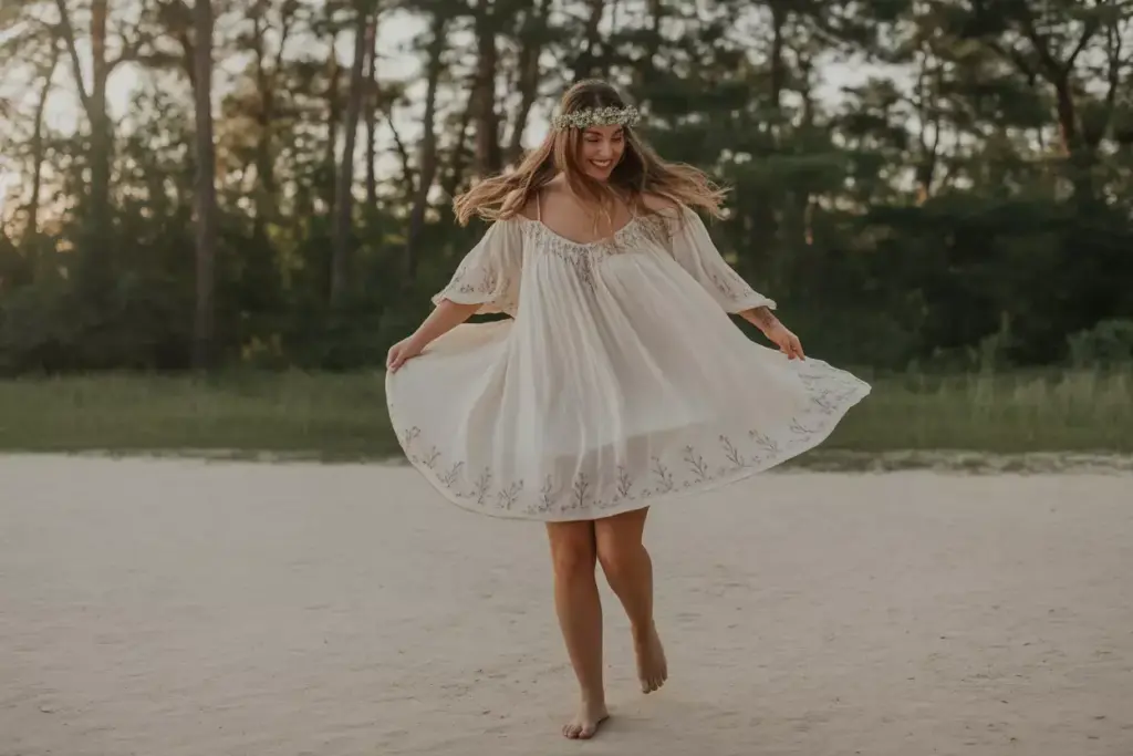 A woman in a white dress twirls barefoot on a sandy path with trees in the background.