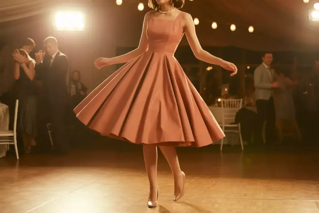 Woman in a vintage pink dress twirling on a dance floor at a formal event, with people in the background.