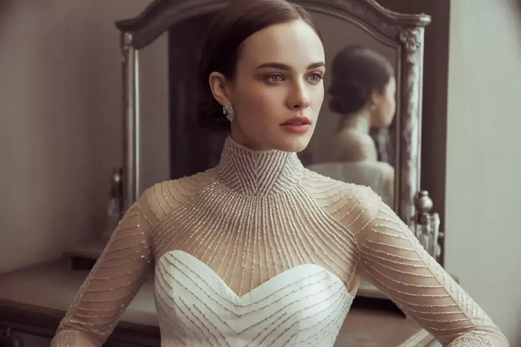 Woman in an elegant white wedding dress with sheer, beaded sleeves stands in front of a mirror.