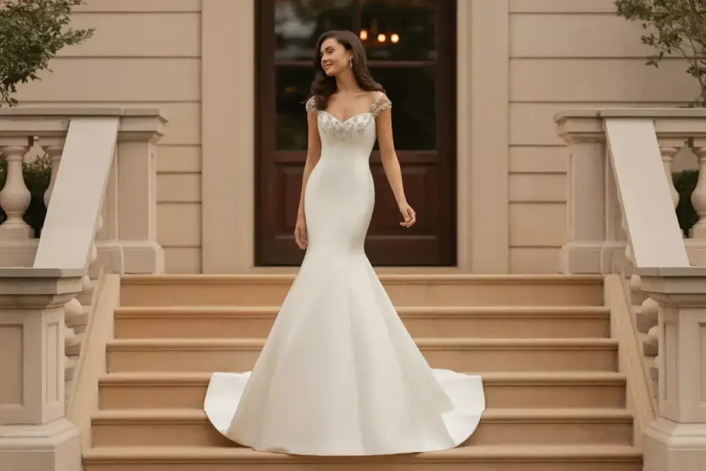 Woman in an elegant, fitted white wedding dress stands on outdoor stone steps in front of a building.
