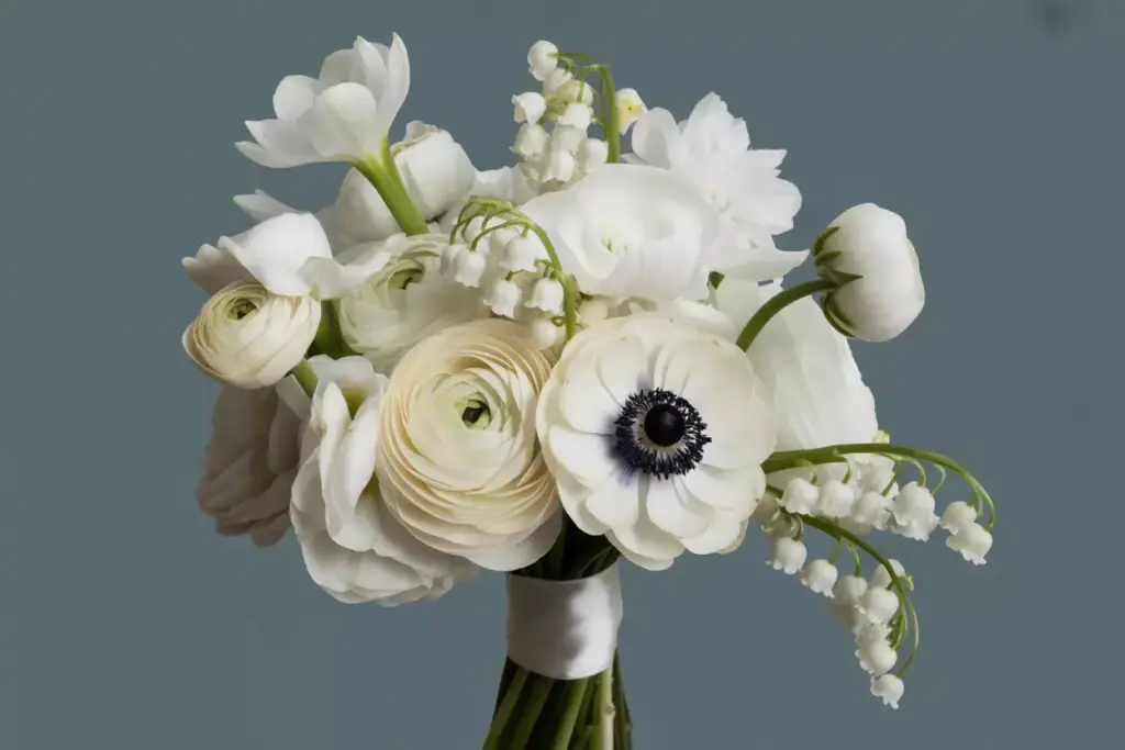 A bouquet of white flowers, including ranunculus and lilies, against a plain gray background.