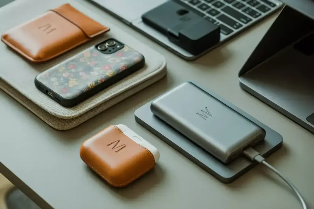 A phone, laptop, charger, and accessories are neatly arranged on a desk in soft, natural lighting.