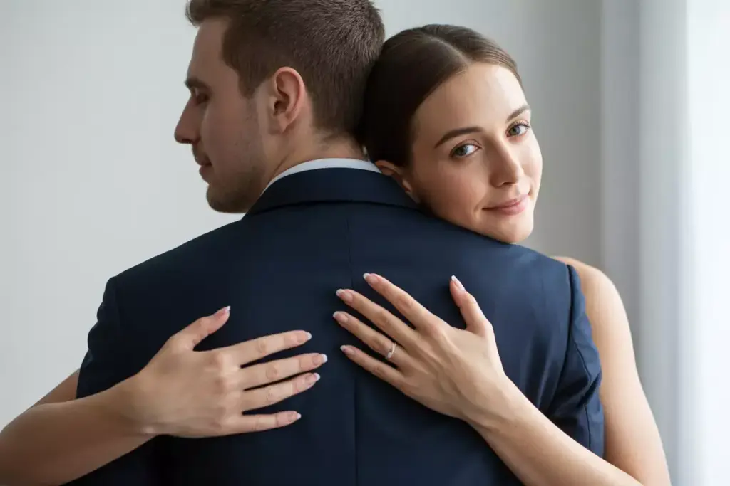 Woman hugging a man in a suit, smiling at the camera, showing an engagement ring on her finger.