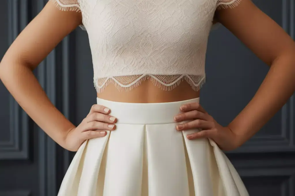Woman in a white lace crop top and pleated skirt stands with hands on hips against a dark background.