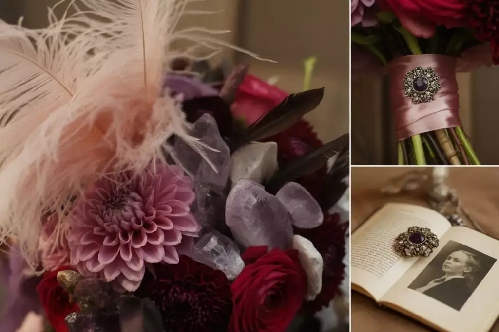 A vintage bouquet with feathers, crystals, and brooch; an old photo and brooch on an open book nearby.