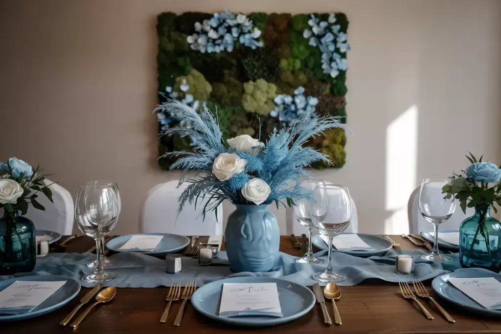 Elegant table set with blue accents, gold cutlery, and floral centerpiece in front of a green wall art.