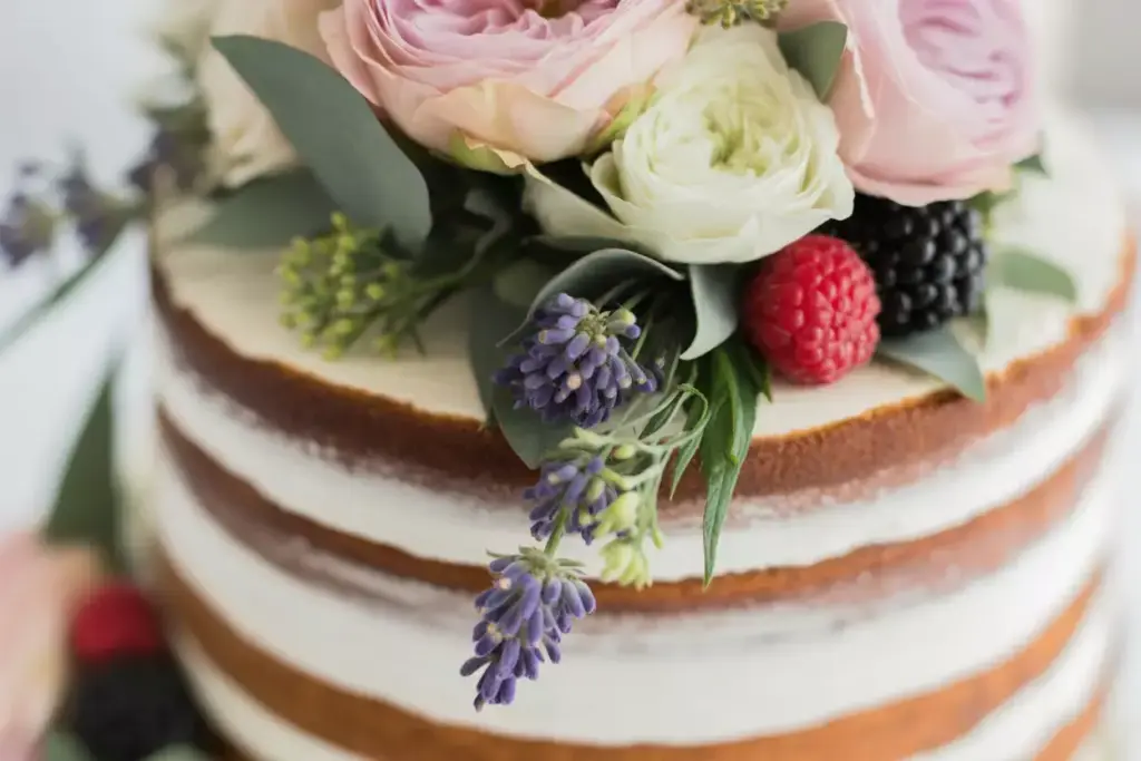 Close-up of a naked cake decorated with flowers, raspberries, blackberries, and greenery.
