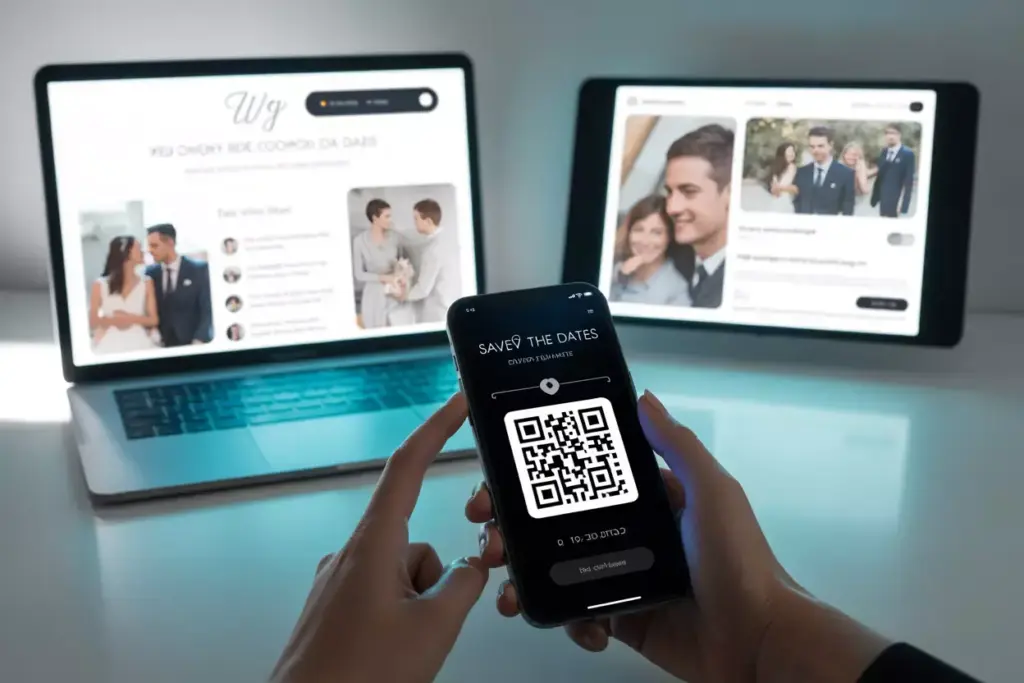 A person scans a wedding save-the-date QR code on their phone, with wedding websites shown on laptops.