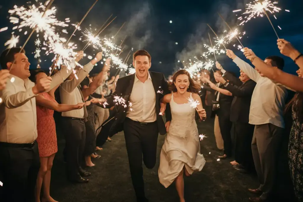 A joyful bride and groom run through a tunnel of guests holding sparklers at night.
