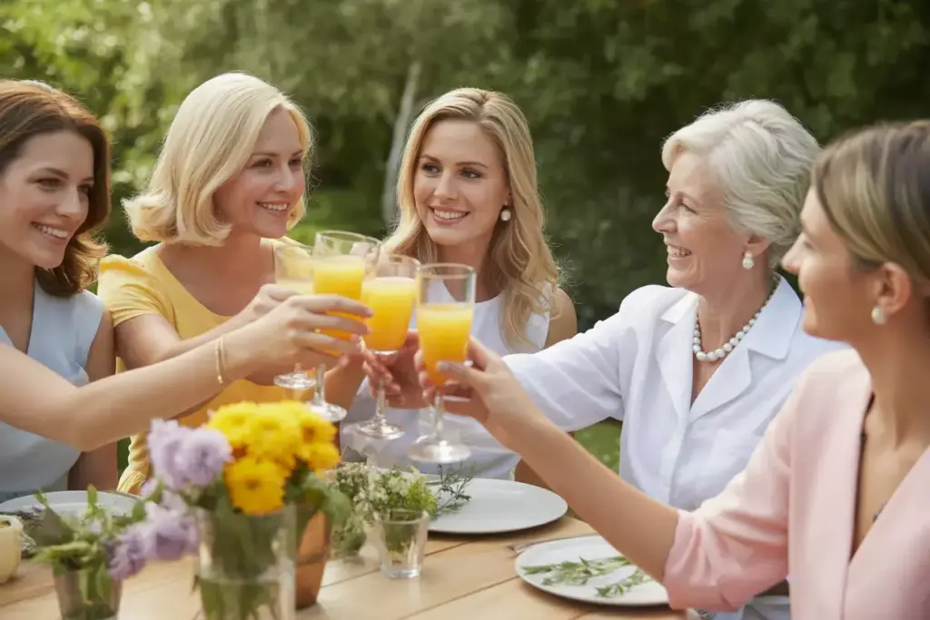 Five women sit outdoors around a table, smiling and clinking glasses of orange juice together.
