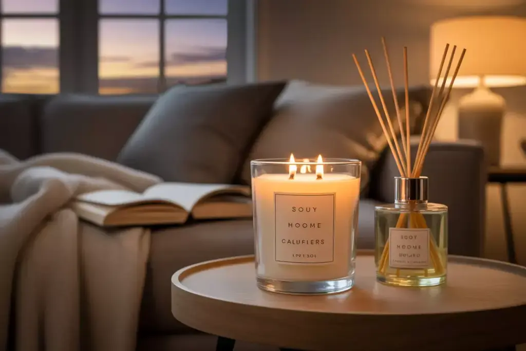 Lit candle and reed diffuser on a table, open book and cozy sofa in the background at sunset.
