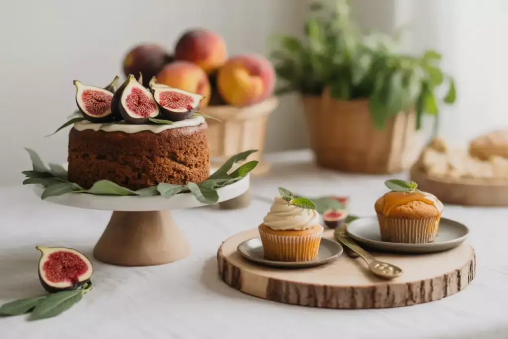 A cake topped with figs and two cupcakes on plates, surrounded by fresh fruit and greenery on a table.