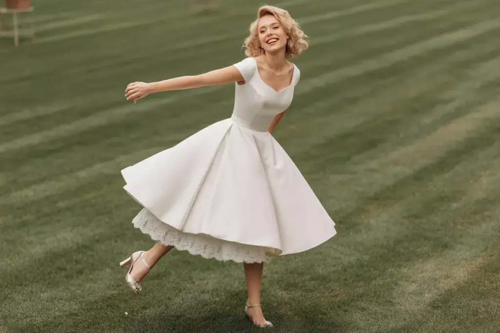 Woman in a white vintage dress smiling and dancing on a grassy lawn.