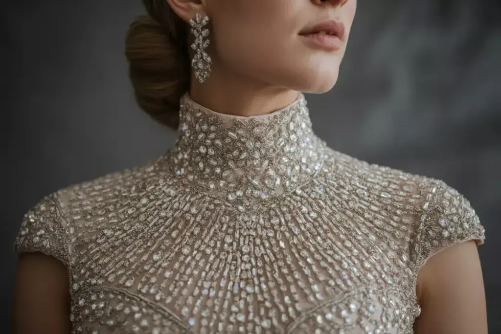 Woman in an ornate, high-neck, beaded gown with matching, sparkling earrings, hair in a low bun.