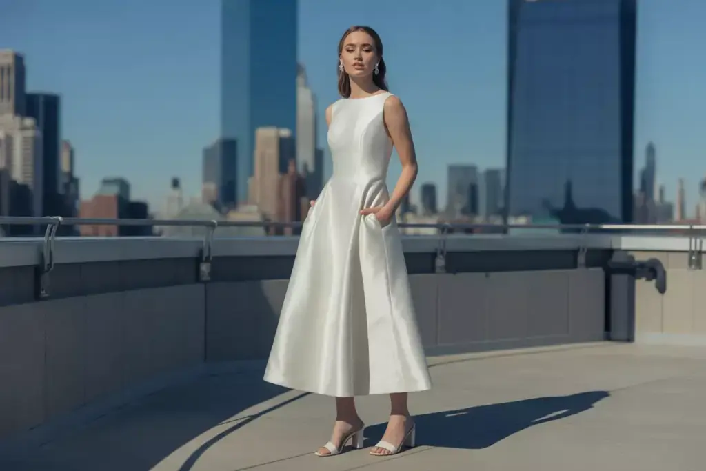 Woman in a sleeveless white dress and heels stands on a rooftop with a city skyline in the background.
