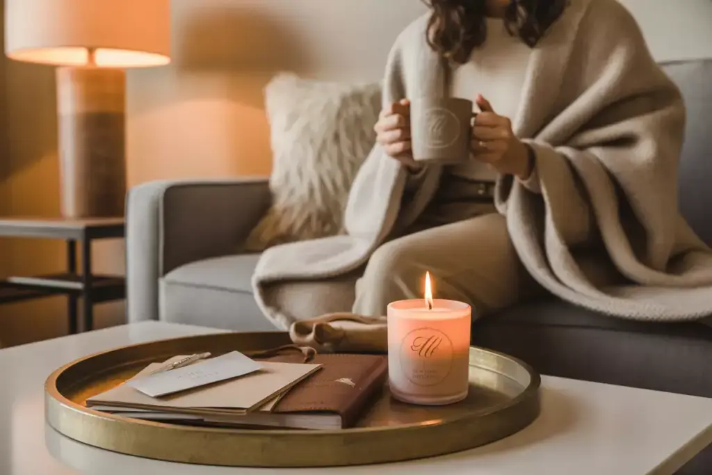 A person with a mug sits on a couch; a lit candle, notebook, and letters are on a tray in the foreground.