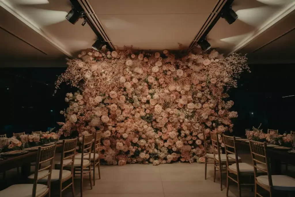 Large wall of pastel flowers at an elegant indoor event, with formal dining tables and chairs on each side.